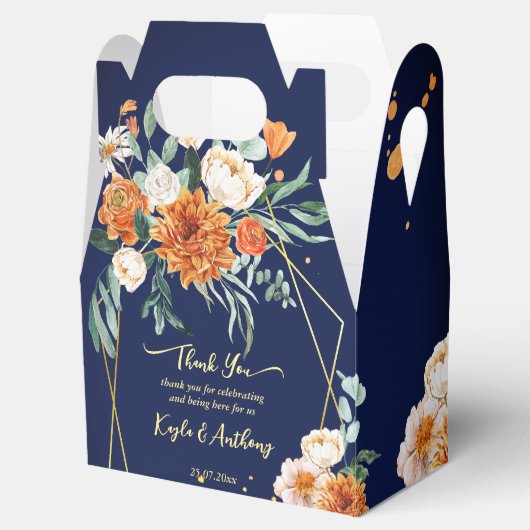 Navy blue oranje white flow bruiloft aangepast bedankdoosjes (Geopend)