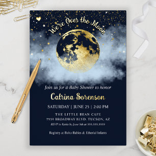 Navy Blue Over the Moon en Stars Gold Baby shower Folie Uitnodiging
