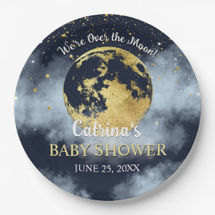 Navy Blue Over the Moon en Sterren Baby shower Papieren Bordje