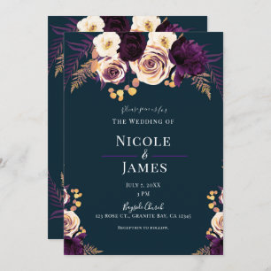 Navy Blue Paars Dark Floral Greenery Wedding Kaart