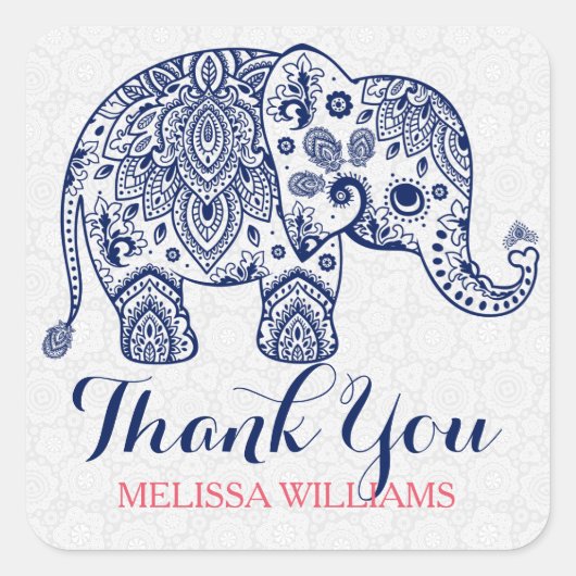 Navy Blue Paisley Elephant Bedankt Vierkante Sticker (Voorkant)