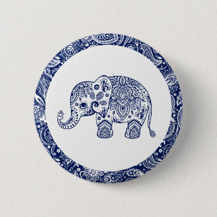 Navy Blue Paisley Elephant Ronde Button 5,7 Cm