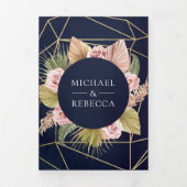 Navy Blue Pampas Dusty Roses QR Code Weddenschap Drieluik Uitnodiging (Cover)