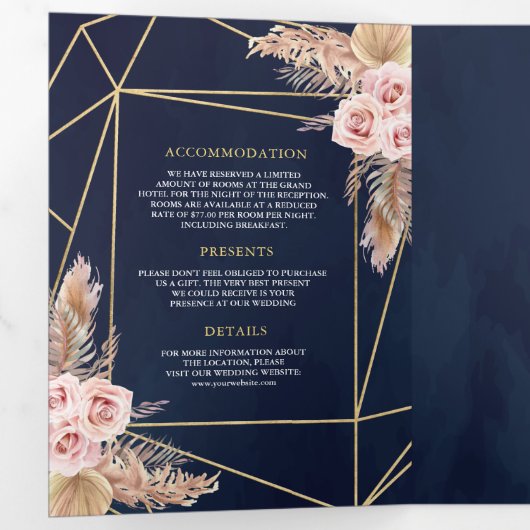 Navy Blue Pampas Dusty Roses QR Code Weddenschap Drieluik Uitnodiging (Binnenzijde eerst)