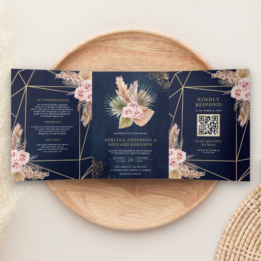 Navy Blue Pampas Dusty Roses QR Code Weddenschap Drieluik Uitnodiging