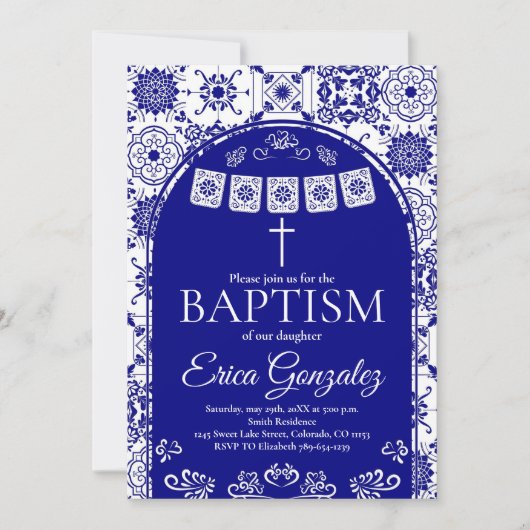 Navy Blue Papel Picado Baptism Invitation (Devant)