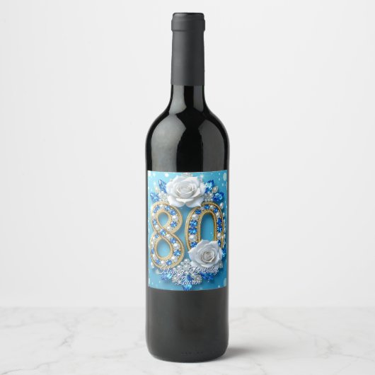 Navy Blue Pareltjes Parels & Witte Rozen 80ste Ver Wijn Etiket (Voorkant)