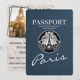 Navy Blue Paris Passport Bewaar de datum Save The Date