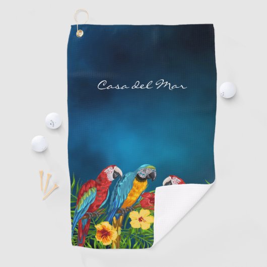 Navy blue parrots tropische huisnaam golfhanddoek (Insitu)