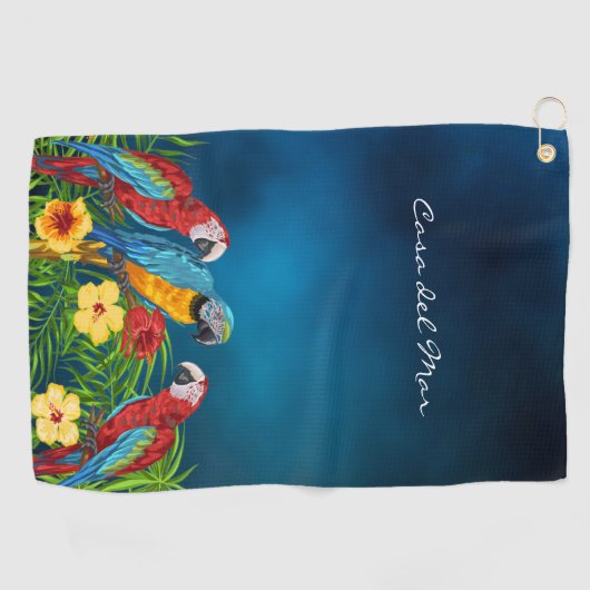 Navy blue parrots tropische huisnaam golfhanddoek (Horizontaal)