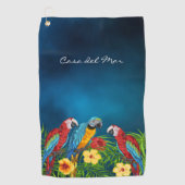 Navy blue parrots tropische huisnaam golfhanddoek (Voorkant)