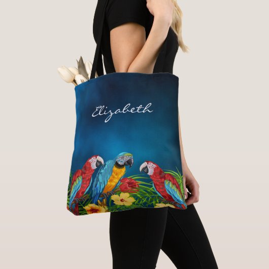 Navy blue parrots, vogelnaam, script draagtas (Dichtbij)