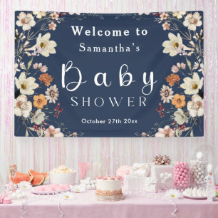 Navy Blue Pastel Boho Wildflower Baby shower Spandoek
