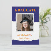 Navy Blue Pastel Foto Afstuderen Uitnodiging (Staand voorkant)