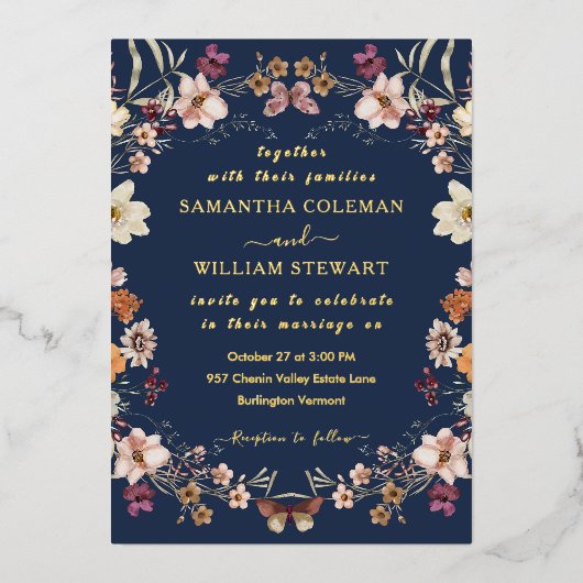 Navy Blue Pastel Wildflower Modern Boho Wedding Folie Uitnodiging (Voorkant)