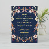 Navy Blue Pastel Wildflower Modern Boho Wedding Folie Uitnodiging (Staand Voorkant)