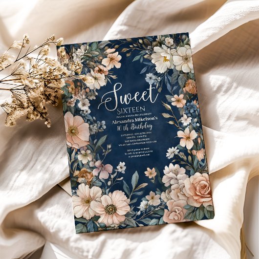 Navy Blue Pastel Wildflowers Sweet 16 Kaart