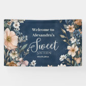 Navy Blue Pastel Wildflowers Sweet 16 Spandoek (Horizontaal)