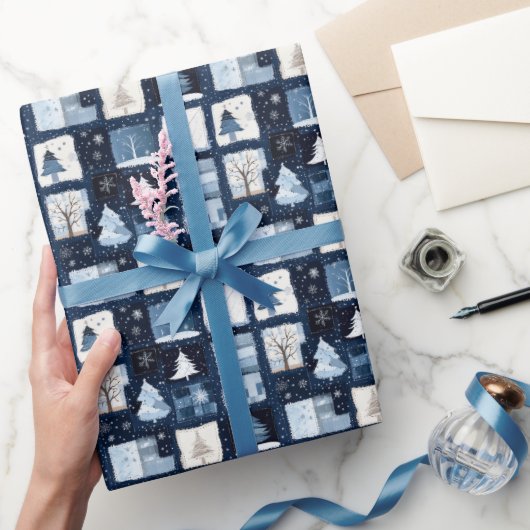 Navy Blue Patchwork Christmas Gift Wrapping Paper Cadeaupapier (Geschenken)