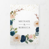 Navy Blue Peach Floral in één QR code Weddenschap Drieluik Uitnodiging (Cover)