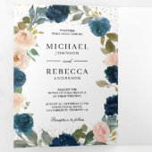 Navy Blue Peach Floral in één QR code Weddenschap Drieluik Uitnodiging (Binnenzijde eerst)