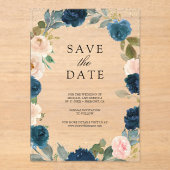 Navy Blue Peach Floral Wedding Save the Date Acryl Uitnodigingen (Voorkant)