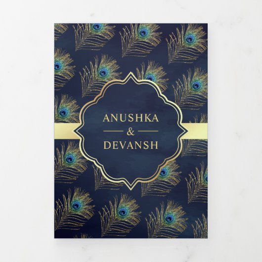 Navy Blue Peacock Feathers QR Code Bruiloft Drieluik Uitnodiging (Cover)