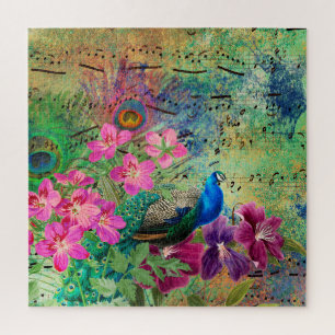 Navy Blue Peacock Pink Flowers Musical Notes Legpuzzel