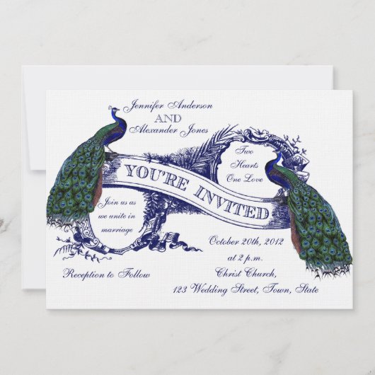 Navy Blue Peacocks Vintage Wedding Kaart (Voorkant)