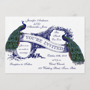 Navy Blue Peacocks Vintage Wedding Kaart