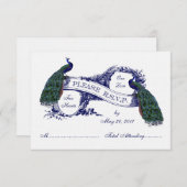Navy Blue Peacocks Vintage Wedding RSVP (Voorkant / Achterkant)