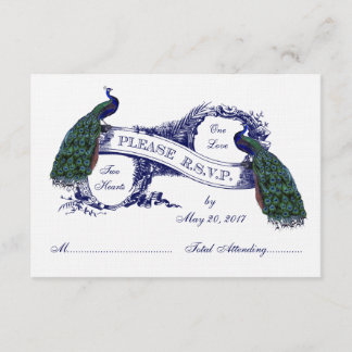 Navy Blue Peacocks Vintage Wedding RSVP Kaartje