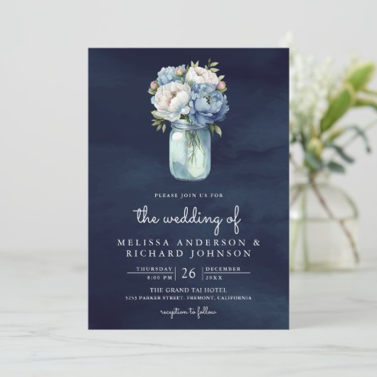 Navy Blue Peony Mason Jar QR Code Weddenschap Kaart (Staand voorkant)