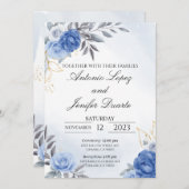 Navy blue peony rose wedding invitation, boda (Voorkant / Achterkant)