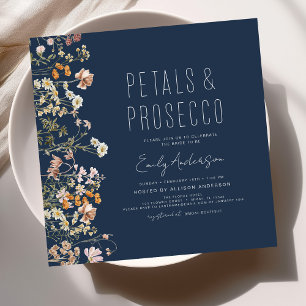 Navy Blue Petals & Prosecco Vrijgezellenfeest Kaart
