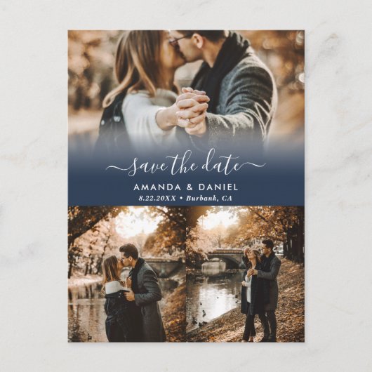Navy Blue Photo Collage Save the Date Briefkaarten (Voorkant)