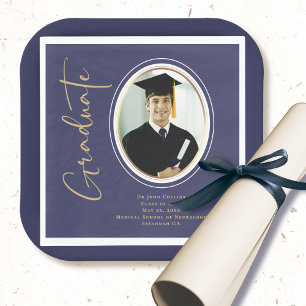 Navy Blue Photo Gold Afstuderen Script Minimal Servet