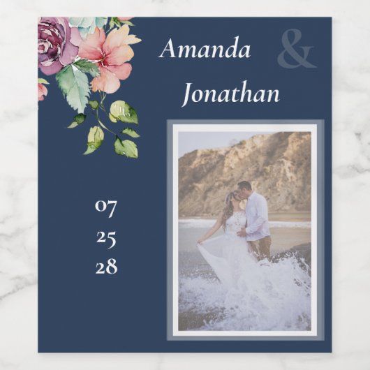 Navy Blue Photo Waterverf Wedding Wijn Etiket (Enkel label)