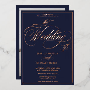 Navy blue photoscript border roos gold folie uitnodiging