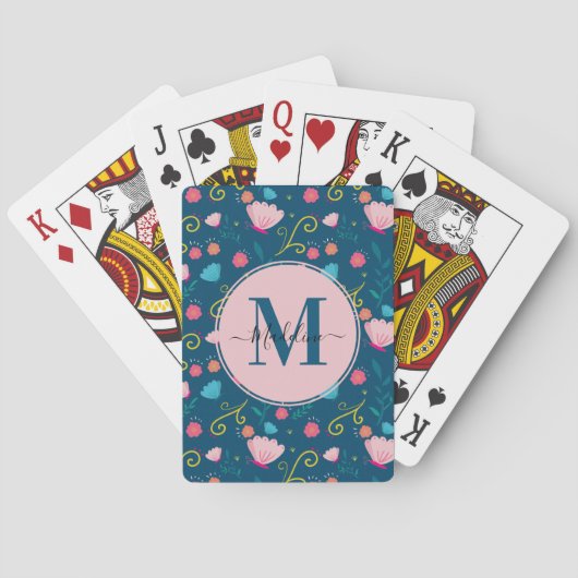 Navy Blue Pink Botanical Butterfly Name Monogram Pokerkaarten (Achterkant)