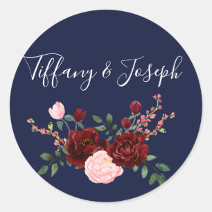 Navy Blue Pink Burgundy Roos Floral Wedding Ronde Sticker