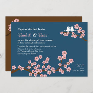 Navy Blue & Pink Cherry Blossom Garden Wedding Kaart