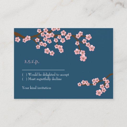 Navy Blue & Pink Cherry Blossom Spring RSVP Informatiekaartje (Voorkant)