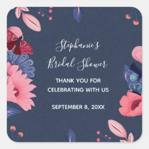 Navy Blue Pink Floral Butterflies Vrijgezellenfees Vierkante Sticker