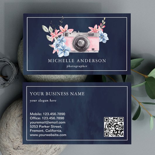 Navy Blue Pink Floral camera QR Code Fotograaf Visitekaartje