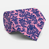 Navy Blue & Pink Floral Damascus Pattern Stropdas (Opgerold)