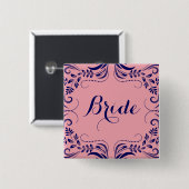 Navy Blue & Pink Floral Lijst Bride Button (Voorkant /achterkant)