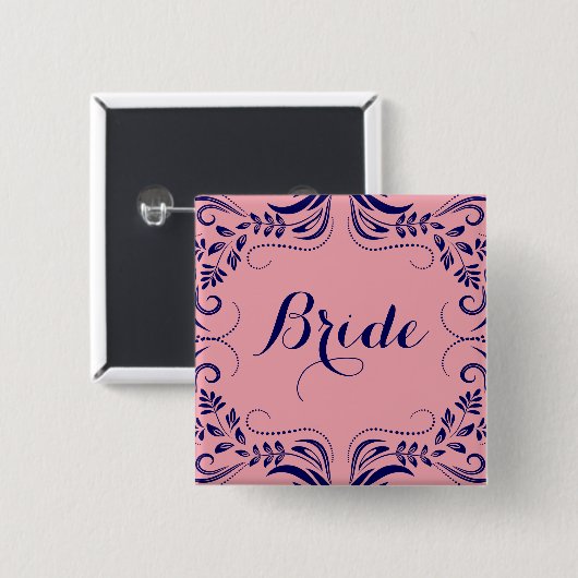 Navy Blue & Pink Floral Lijst Bride Button (Voorkant /achterkant)