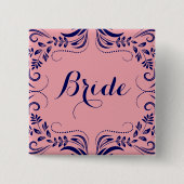 Navy Blue & Pink Floral Lijst Bride Button (Voorkant)