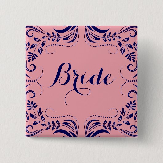 Navy Blue & Pink Floral Lijst Bride Button (Voorkant)